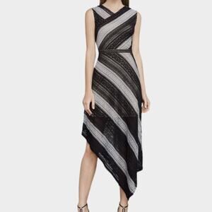 BCBGMAXAZRIA Women's Tracie Lace Striped Asymmetrical Dress Black/ Gray Size M